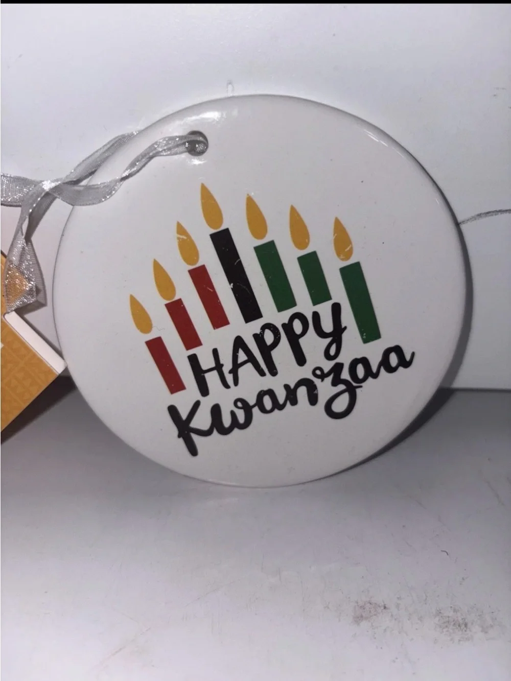 Happy Kwanzaa Ceramic Ornament - White with Red, Green & Black Candles